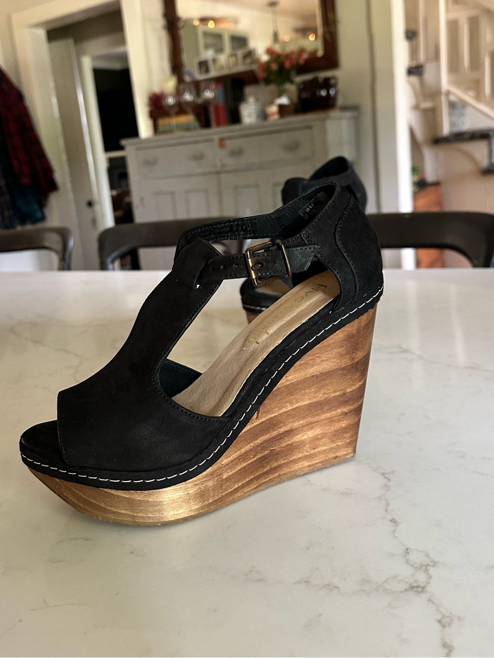 Five Worlds by Cordani (Free People) “Rual” Black Suede + Wood Wedges